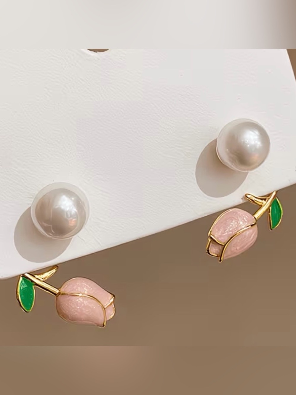 Pink Rose and Pearl Stud Earring - Picture 6 of 6